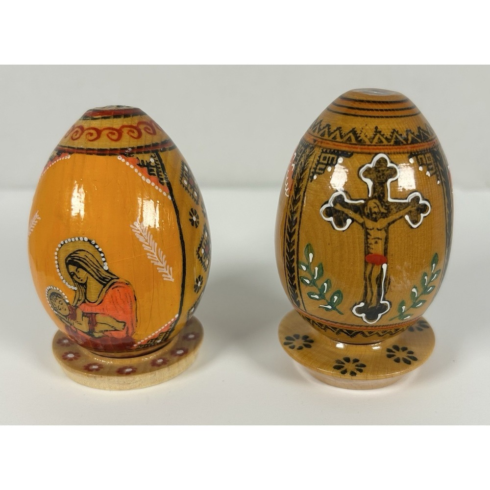 Hand-Painted Wooden Eggs with Religious Icons & Stand Shelf Sitter